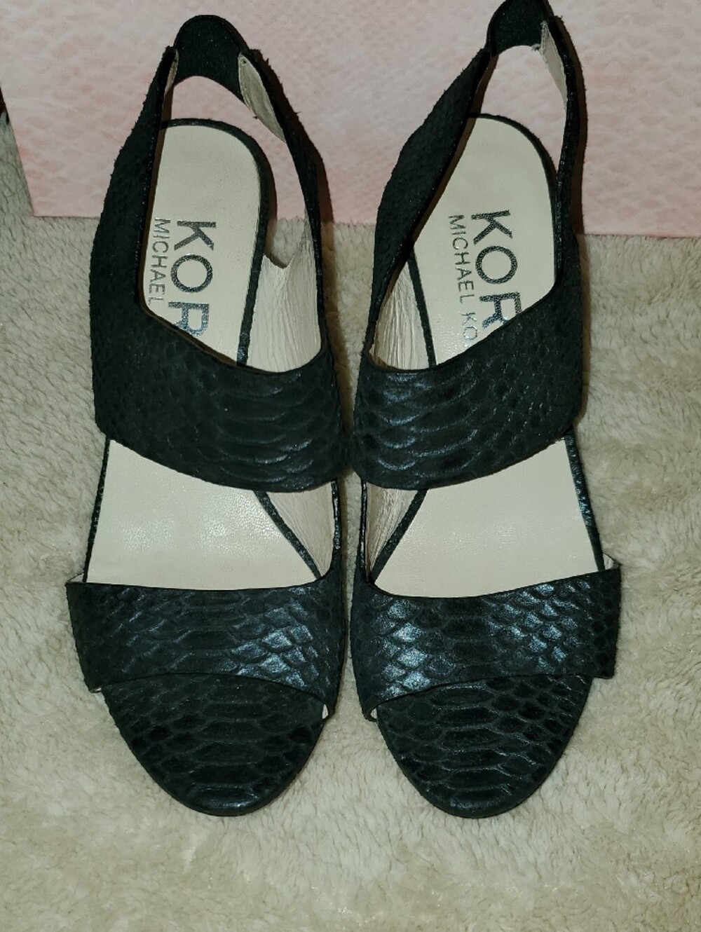 KORS Michael Kors Black Textured Open-Toe Slingback Heels